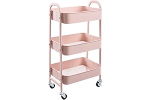 AGTEK Makeup Cart, Movable Rolling Organizer Cart, 3 Tier Metal Utility Cart, Rosiness