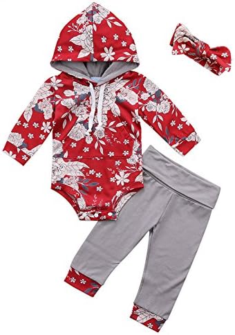 Newborn Baby Girls Clothes Long Sleeve Red Floral Hoodie Bodysuit and Pant Outfit Set With Headband (Red&White, 100(18-24 Months))