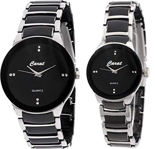 HK Global Fashion Unisex Analogue Quartz Round Shaped Black Dial Leather Belt Couple Watch(Pack of 2) HKGL - 1036