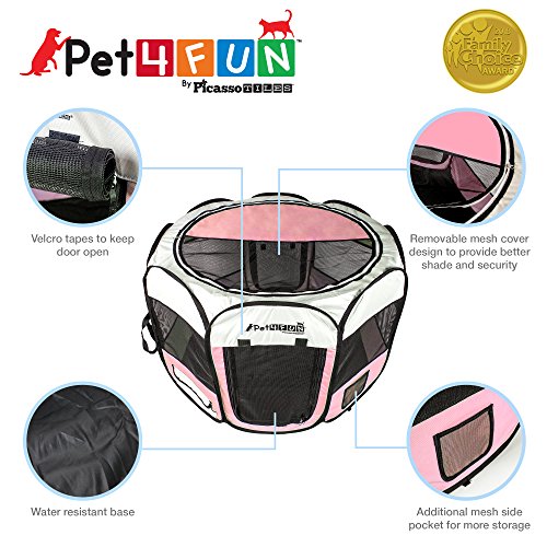 PicassoTiles PET4FUN PN935/PN945 Portable Pet Puppy Dog Cat Playpen Crates Kennel w/Water Resistant 600D Oxford, 210D Nylon, Carrying Bag, Collapsible Bowl, Removable Mesh Cover 2 Sizes
