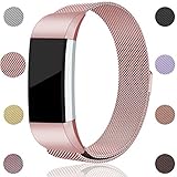 For Fitbit Charge 2 Bands, Maledan Stainless Steel Milanese Loop Metal Replacement Accessories Bracelet Strap with Unique Magnet Lock for Fitbit Charge 2 HR Rose Pink Large