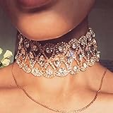 Hunputa Luxury Women Crystal Rhinestone Full Diamonds 3 Layers Collar Wide Choker Necklace Jewelry Gift (Gold)