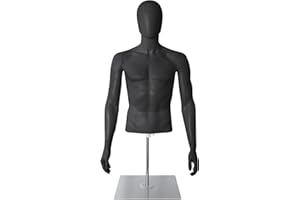 SHAREWIN Male Mannequin with Metal Stand Adjustable Plastic Half Body Display Mannequin Head, for Retail Clothing Shops (Black)