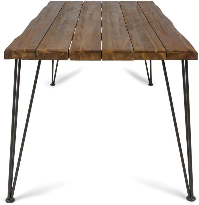 Christopher Knight Home Kama Patio Dining, Rectangular, 72", Acacia Wood Table Top, Rustic Iron Hairpin Legs, Teak Finish, Metal: Furniture & Decor
