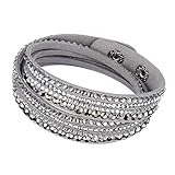 Beautiful Bead Women New Fashion Genuine Leather Wrap Multilayer Rhinestones Hot Fix Bracelet-Grey