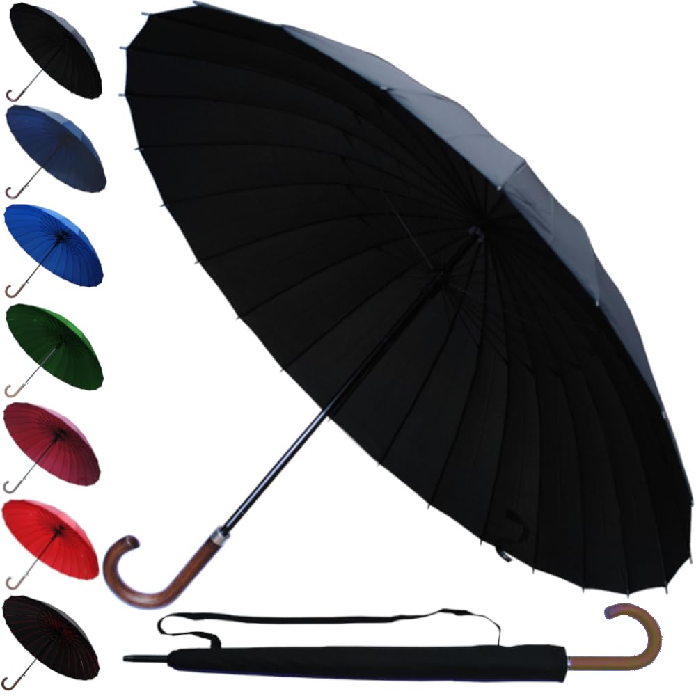 60MPH StormDefender 24 Rib Windproof Strong Umbrella - Large Umbrella for Golf, Sport and Everyday Use - Big Reinforced Frame - Automatic - Wood Hook Handle - Designer Rainproof Men Women - Black