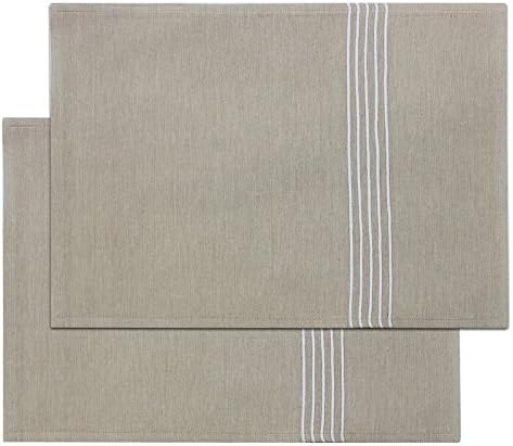 Aubina Oxford Stripe Placemats, Set of 4 Place Mats, 100% Cotton, Modern Table Linen, Embroidered Striped Fabric, Luxury Natural Table Settings, 33cm x 45cm, Linen, Beige