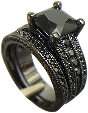 Gange Black Gold Sapphire Princess Cut CZ Wedding Engagement Band Bridal Rings Jewelry Set (10)
