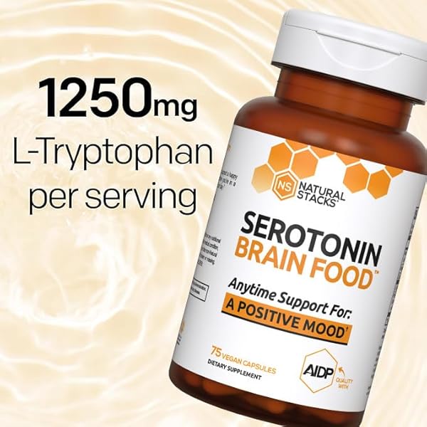 NATURAL STACKS SEROTONIN BRAIN FOOD W/L-TRYPTOPHAN & RHODIOLA ROSEA – MOOD SUPPORT SUPPLEMENT – PROMOTES POSITIVE MOOD, CALMNESS, STRESS RELIEF – HAPPY MOOD & BRAIN SUPPORT SUPPLEMENT – 75 CAPSULES