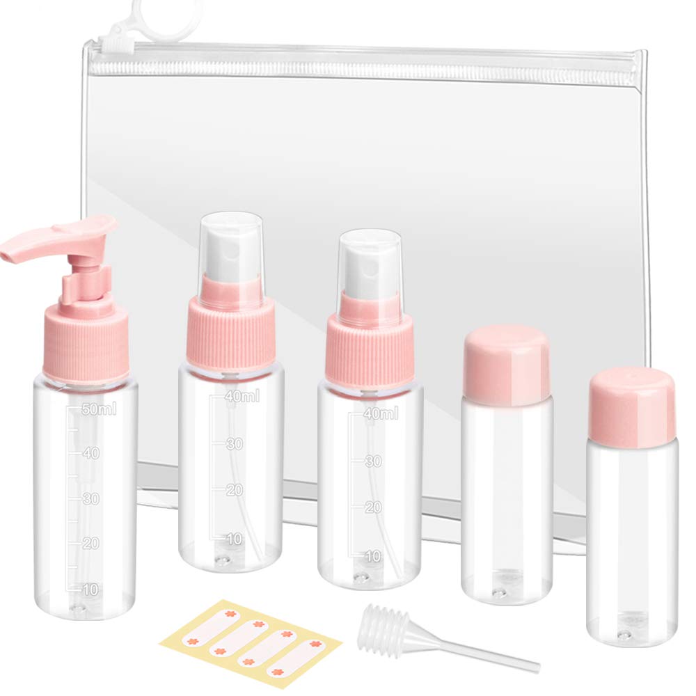 5 Pack Travel Container, Portable leak proof Lotion Bottle Spray Bottle with Pipette, Travel Accessories Toiletries for Store Shampoo Soap Cream and Skin Care Liquid for Travel, Business Trip (Pink)