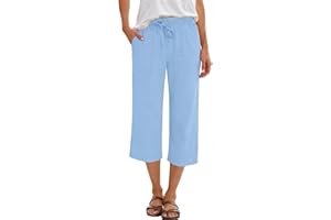 Linen Pants Girls Wide Leg Capri Pant Drawstring Elastic High Waist Lounge Summer Casual Cropped Trouser with Pockets