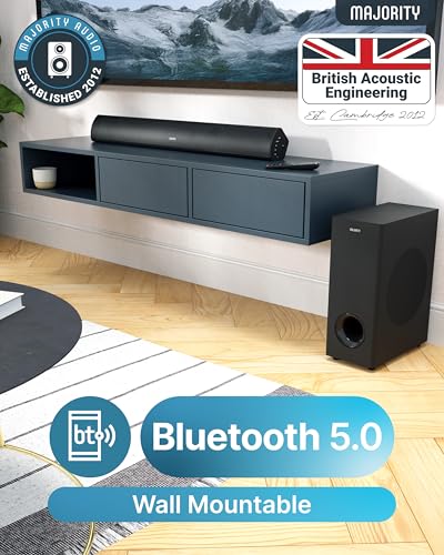 MAJORITY Soundbar with Wireless Subwoofer | 2.1 Channel TV Sound Bar | 180W Home Cinema Speaker System | Bluetooth Audio, HDMI ARC, Optical AUX | Wall Mountable Home Theatre Speakers Teton Plus