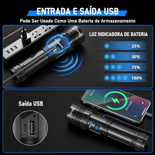 Lanterna Led Recarregável 10000Lúmen, Lanternas Tatica Militar Há 7 Modos, XHP90.2 Chip, lanternas Potente Zoom de Longo Alcance, Lanternas Para Acampamento, Pesca Emergências, Super Lanterna USB LED