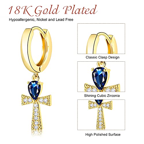 UHIBROS Gold Cross Hoop Earrings, 18K Gold Plated Pave CZ Gold Cross Small Hoop Earrings Dangle Sapphire Jewelry for Girls Women