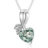 EKJQB Genuine Green Moss Agate Necklace For Women 3.0ctw Heart Shaped Moss Agate Pendant Necklace 925 Sterling Silver Leaf Art Deco Silver Jewelry Gift For Her, 18+2 Inch