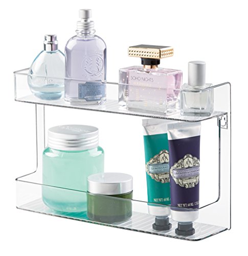 mDesign Wall Mount Shampoo, Soap, Lotion, Beauty Products Storage Holder - 2 Shelves, Clear