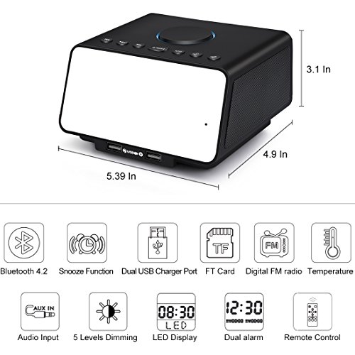 Digital Alarm Clock with Snooze and Battery Backup, FM Radio Dual USB Charging Bluetooth Speaker Aux Line-in for Bedrooms Kids Home Hotel Office (Black)