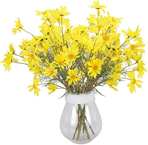 RERXN Artificial Silk Daisy Flowers,Fake Gerbera Flowers,Long Stem Fake Foliage Greenery Faux Plants Shrubs Plastic Bushes for Window Box Home Wedding Office Decor,Pack of 5 (Yellow)