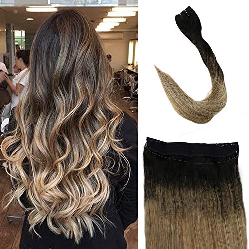 Full Shine 16 inch Invisible Fish Line Hair Extensions Color #1B Off Black Fading to #8 and #22 Flip Extensions Balayage Color Remy Hairpiece Width 11" 80g Per Set