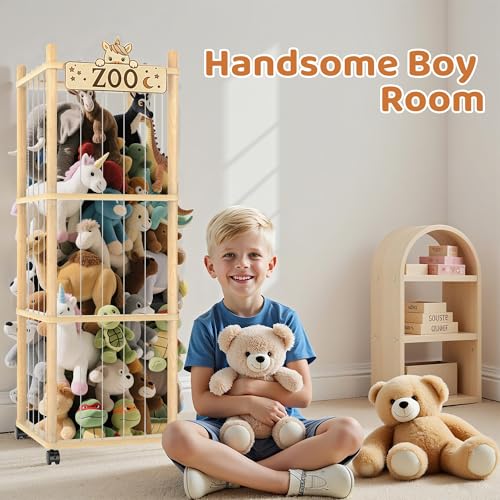 Stuffed Animal Storage Zoo Tower, 142.5cm Wooden Large Stuffed Animal Holder Organizer with Wheels, Stuffy Plushies Storage with Elastic Band&Mesh Bottom, Toy Storage Organizers for Playroom Bedroom