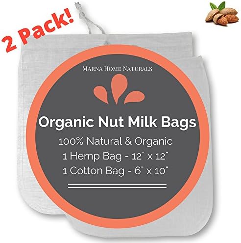 2 Pack Marna Home Naturals 100% Organic Nut Milk Bag / Coffee Filter - Hemp 12x12" &amp; Cotton 6x10"