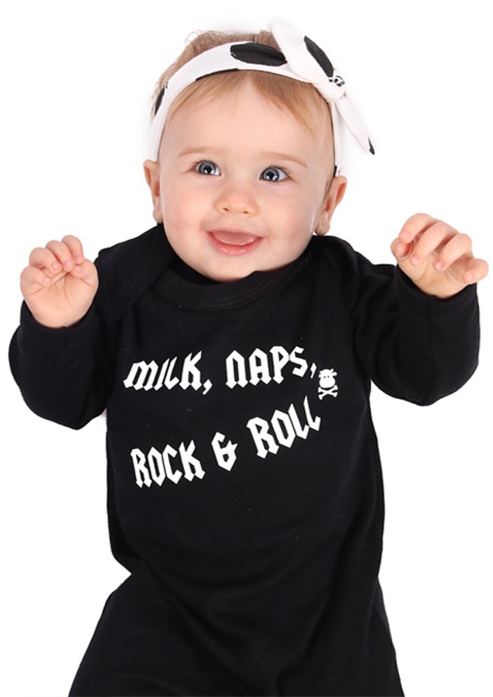 Baby Moo's ROCK Baby Sleepsuit for Boys or Girls | Cool MILK, NAPS, ROCK & ROLL Romper Outfit - Unique Heavy Metal New Baby or Parents Gift UK (3-6 months)