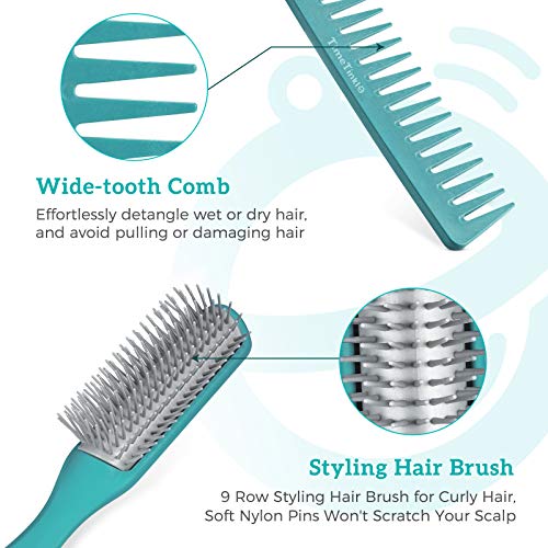TimeTinkle 9Row Curly Hair Brush with WideTooth Comb, Nylon Bristles