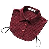 Joyci Christmas Gift Decor Plaids Dickey Blouse Faux Grid Collar Removable Casual (Wine Red)