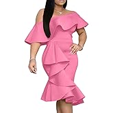 GOBLES Women's Elegant Off The Sholder Back Zipper Ruffles Bodycon Midi Cocktail Dress