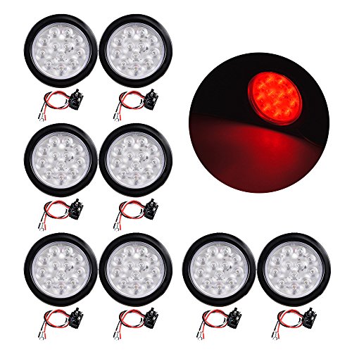 8pcs 4" Round 12 LED Clear Lens Red Light Brake Stop Tail Light Reverse Grommet Plug for Truck Trailer RV UTE UTV