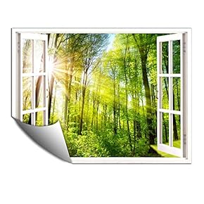 Wall Murals for Bedroom Fake Window View Forest Removable Wallpaper Peel and Stick Wall Stickers - 24x32 inches