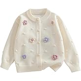 Girls' Knit Cardigan Sweater with Floral Appliques, White, Ages 2-7 Years