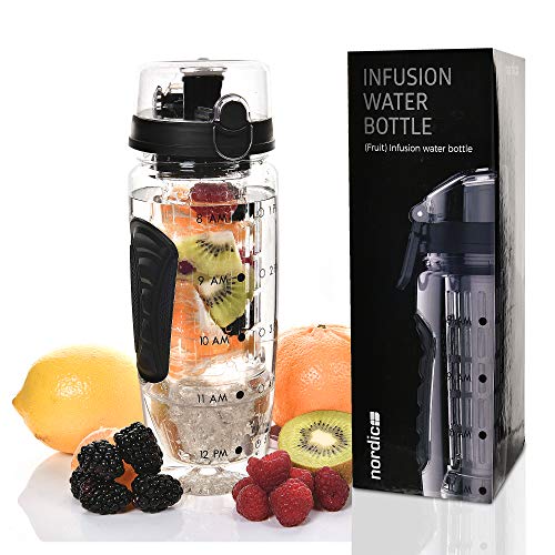 DailyNordic 32 oz Large Fruit Infuser Sports Water Bottle with Insulated Sleeve - BPA-Free, Leak Proof -Full Length Infusion Basket, Flip-Top-Hydration Timeline Tracker-Detachable Ice Gel Ball