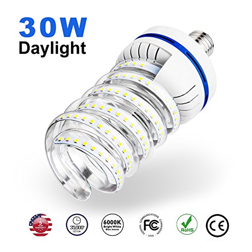 30 Watt Spiral LED Corn Light Bulb,3000 lumen, E26 E27 Base, 6000K (Daylight Glow), 300° Flood Light,for Street Lamp Post Lighting Garage Factory Warehouse High Bay Barn Porch Backyard Garden