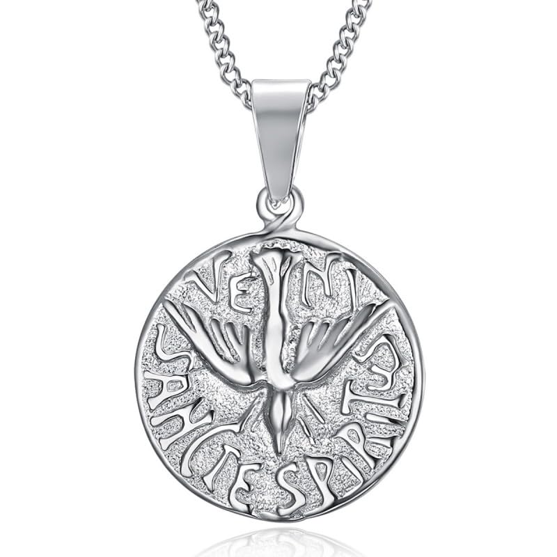 BOBIJOO JEWELRY - Pendant Necklace Medal Veni Sancte Spiritus Holy Spirit, Steel, Silver Chain