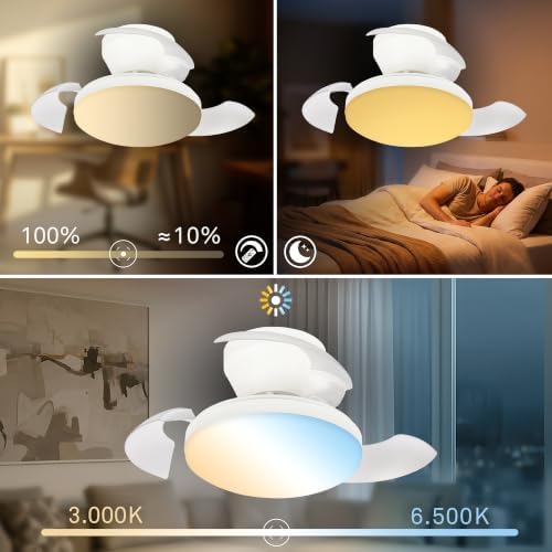 - Ventilatore da soffitto con luce LED, telecomando, motore DC silenzioso con 3 velocità, CCT e luminosità regolabile, pale retrattili, lampadario ventilatore da soffitto, 44 cm, bianco