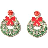 Christmas Wreath Green Beaded CZ Red Enamel Bow Dangle Drop Earrings for Women Dainty Cute Handmade Statement Dangling Fashion Jewelry for Ornament Xmas Party Holiday Her