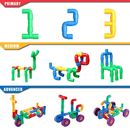 ZoZoplay STEM Learning Toy Tubular Pipes & Spouts & Joints 64 Piece Build Bicycle, Tank, Scootie, Moter Skills Endless Designs Educational Building Blocks Set for Kid Ages 3+ Multicolor - Thumbnail 4