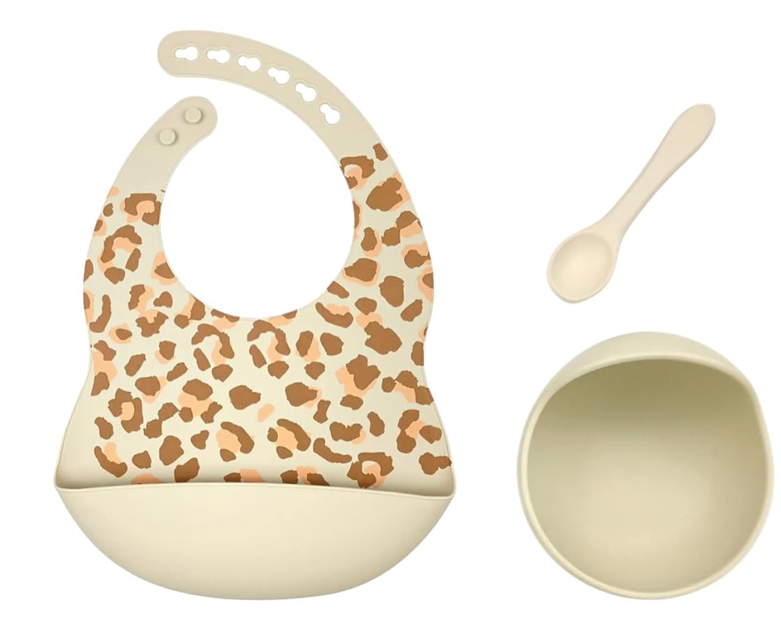 Generico Feeding and Weaning Set with Anti-Fall Pocket and Suction Cup Silicone Set Silicone Bib 7, pink leopard, One Size