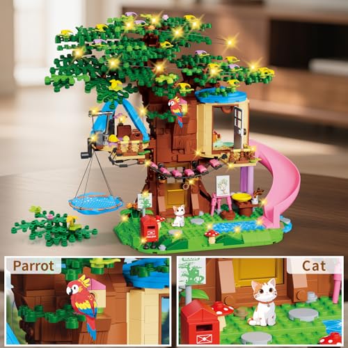 kiothdre Tree House Construction Set Compatible with Friends, Tree House Kit for Girls 731 Pieces with LED Light, Cat, Slide and Hanging Hammock, Christmas Birthday Gifts for Girls 6-12 Years Old