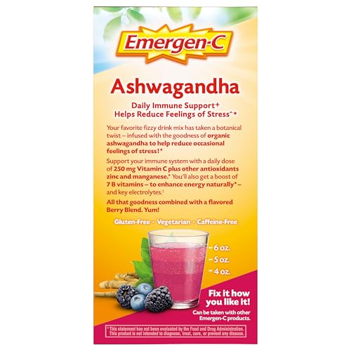 EMERGEN-C VITAMIN C ASHWAGANDHA DRINK MIX, DIETARY SUPPLEMENT FOR IMMUNE SUPPORT, BERRY BLEND – 18 COUNT