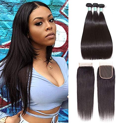 Brazilian Straight Hair Bundles With Closure 3bundles Unprocessed Virgin Human Hair Bundles With Lace Closure Natural Color Hair Extensions (12 14 16+12"Closure)