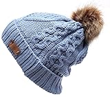 Women's Faux Fur Pom Pom Fleece Lined Knitted Slouchy Beanie Hat (Denim)