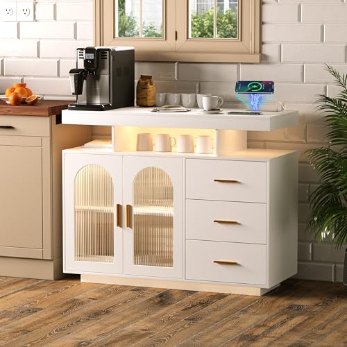 Dystler Sideboard Buffet Cabinet with Storage, 3 Drawers & 2 Doors, Auto-Sensor 20 Color Lights Console Table with Charging Station,Touch Control Console Coffee Bar Table for Kitchen, Dinning (White)