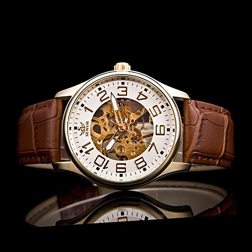 Sewor Mens Skeleton Transparent Mechanical Watch Brown Leather Skeleton Movement (Gold White)