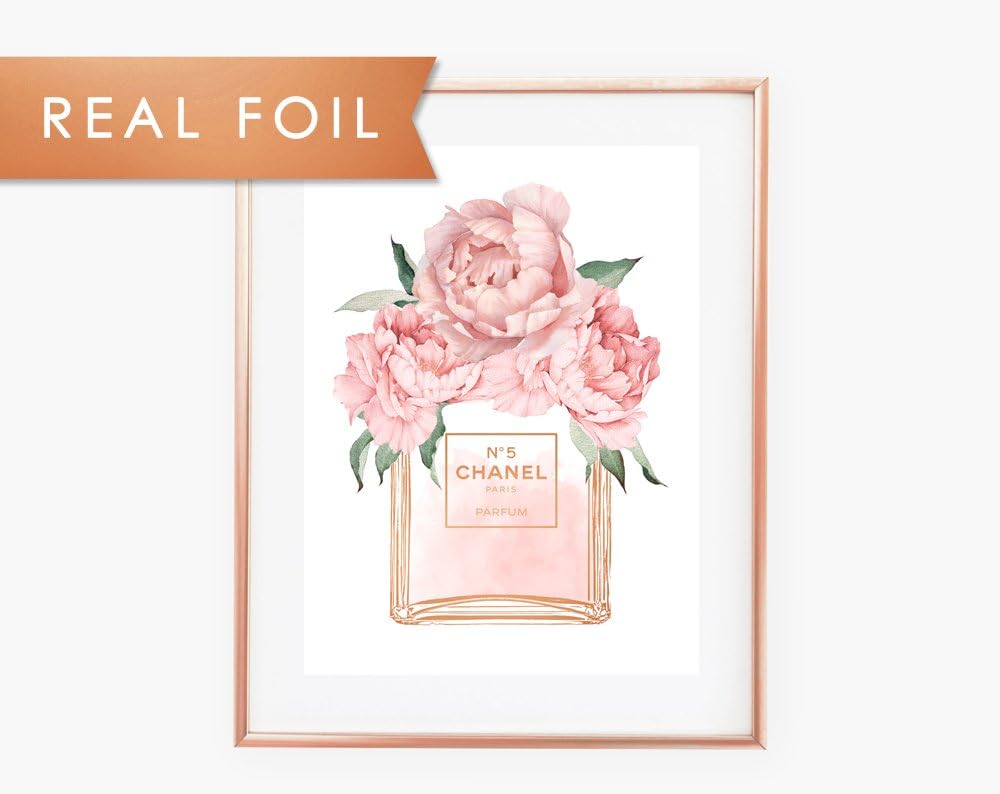 STYLIST PAPER Chanel No 5 Bottle Blush Pink Peonies Real Copper Foil Art Print 8x10