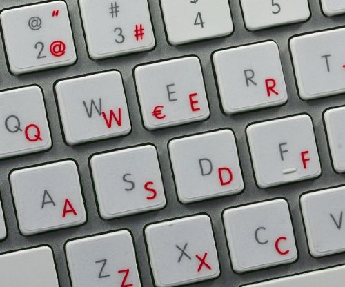 SPANISH APPLE KEYBOARD DECALS WITH BLUE, RED, ORANGE OR WHITE LETTERING ON TRANSPARENT BACKGROUND FOR DESKTOP, LAPTOP AND NOTEBOOK (Red)