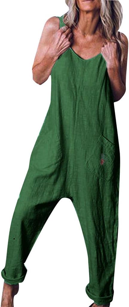 Women's Jumpsuit Harem Pants Sleeveless V Neck Cotton Linen Rompers One-Piece Playsuit Overalls