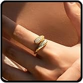 LIU JUN Chunky Thumb Rings For Women, 14k Gold Plated Open Twist Stackable Crossover Ring Stainless Steel Cubic Zirconia Trendy Jewelry Gifts
