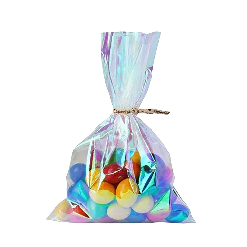 JIHUOO 100 Pcs 80 x 130mm Iridescent Holographic Cellophane Treat Bags Party Favor Cookie Bags with Twist Ties